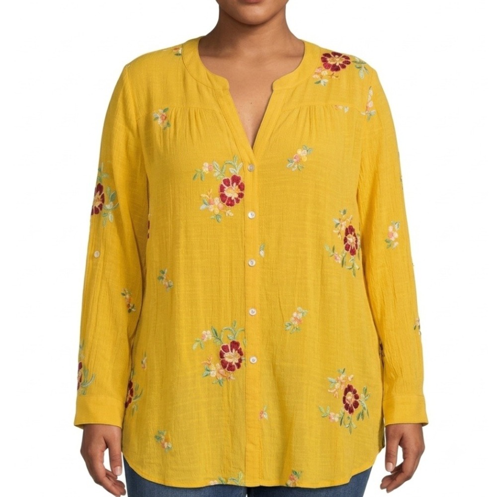 Fig and Flower Tunic Top Women 2X Yellow Floral Embroidered Boho Roll-Tab Sleeve